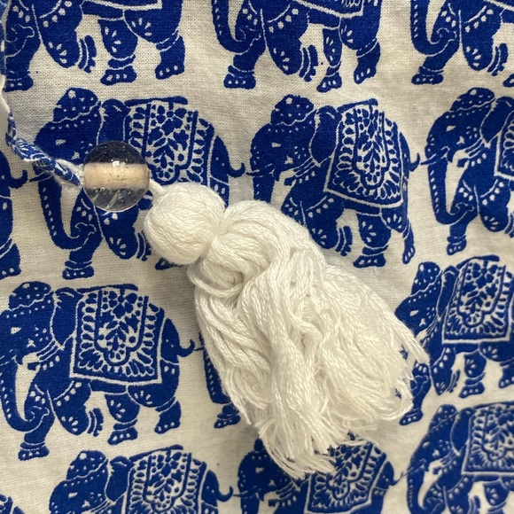 Blue & White Tassel Elephant Block Print Elastic Waist Pull on Pants Trousers - Picture 4 of 8